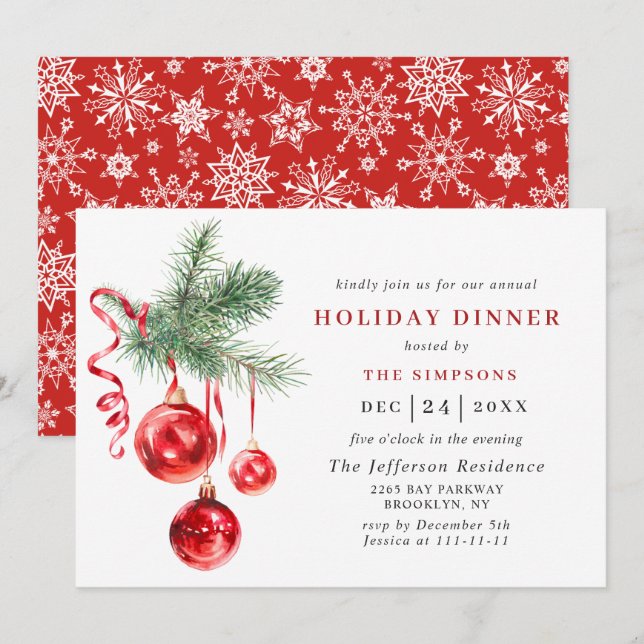 Invitation Aquarelle ornement NOËL DÎNER DE VACANCES (Devant / Derrière)