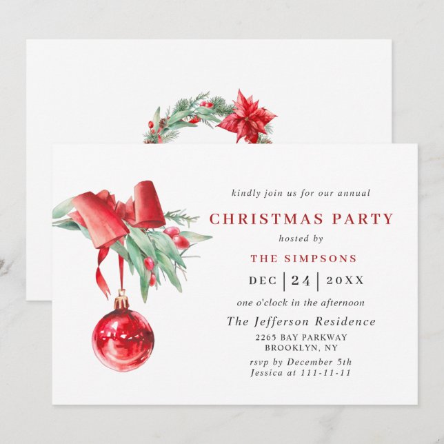 Invitation Aquarelle Ornement Noël Fête de Noël Invita (Devant / Derrière)