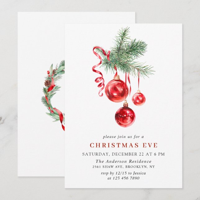 Invitation Aquarelle Ornement Noël Soirée Fête de Noël (Devant / Derrière)