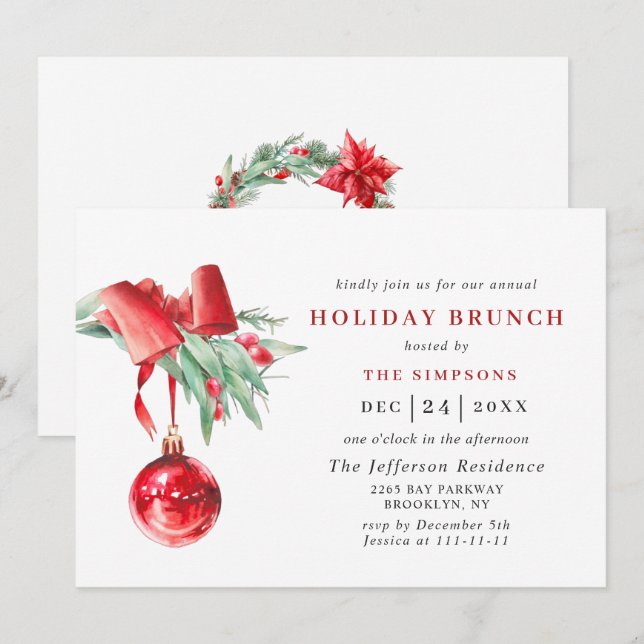 Invitation Aquarelle Ornement NOËL VACANCES BRUNCH (Devant / Derrière)