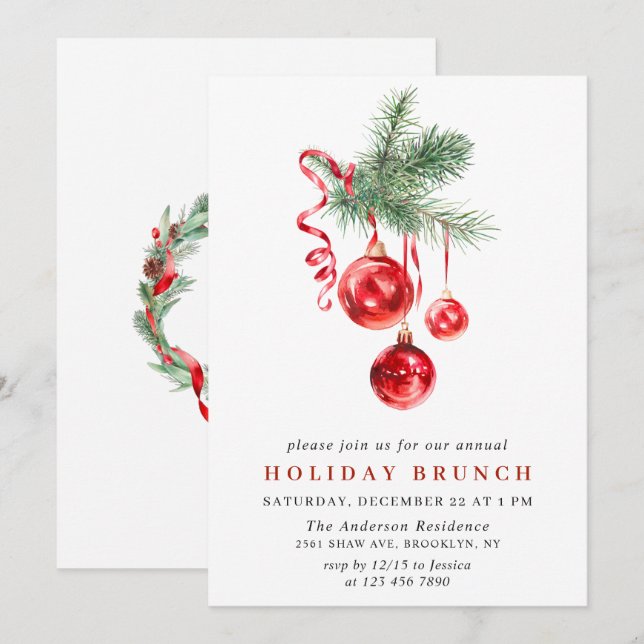 Invitation Aquarelle Ornement NOËL VACANCES BRUNCH (Devant / Derrière)