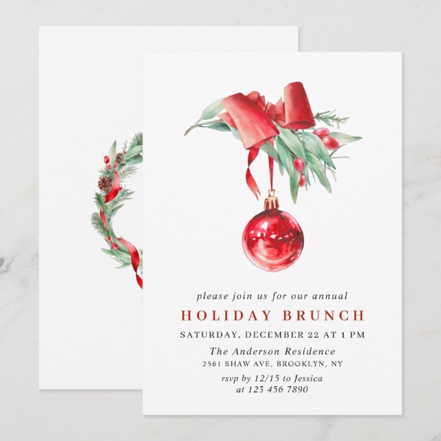 Invitation Aquarelle Ornement NOËL VACANCES BRUNCH (Devant / Derrière)