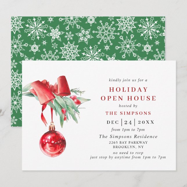 Invitation Aquarelle ornement NOËL VACANCES OUVERTE MAISON (Devant / Derrière)