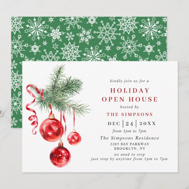 Invitation Aquarelle ornement NOËL VACANCES OUVERTE MAISON (Devant / Derrière)