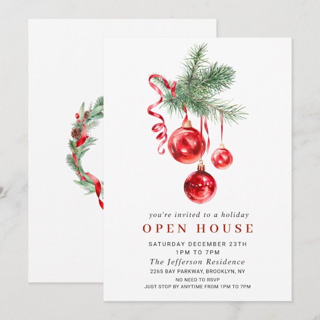 Invitation Aquarelle ornement NOËL VACANCES OUVERTE MAISON (Devant / Derrière)