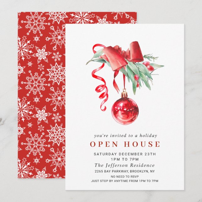 Invitation Aquarelle ornement NOËL VACANCES OUVERTE MAISON (Devant / Derrière)