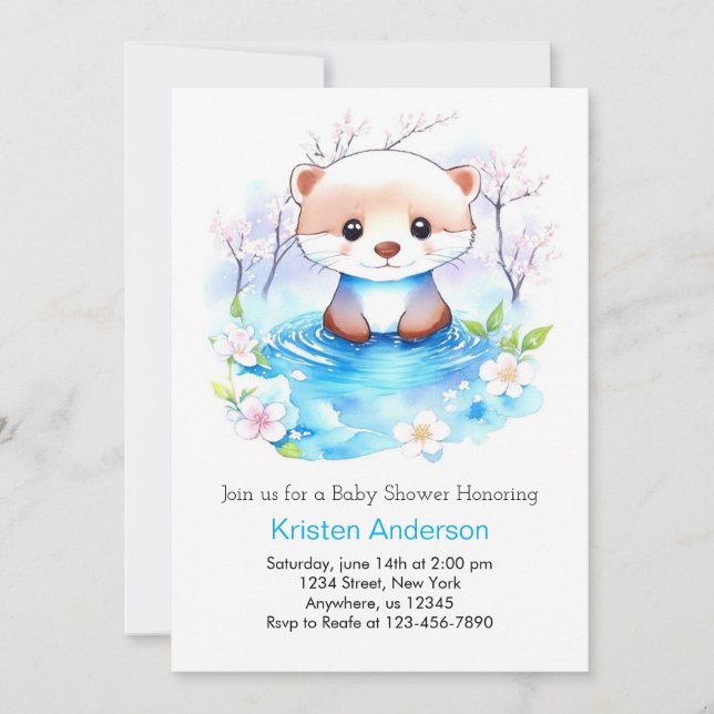 Invitation Aquarelle Otter Blue Floral Boy Baby shower (Devant)
