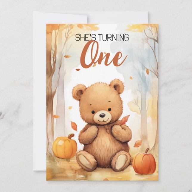 Invitation Aquarelle Ours blanc et Brown Automne 1er annivers (Devant)