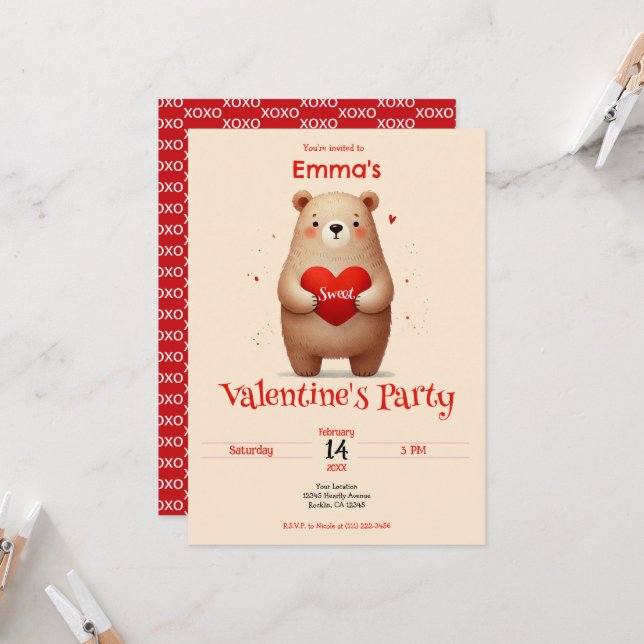 Invitation Aquarelle Ours Coeur rouge xoxo Saint Valentin (Devant/Arrière en situation)