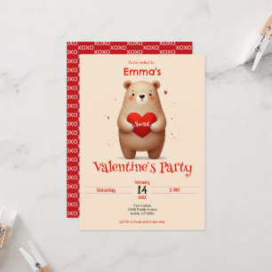 Invitation Aquarelle Ours Coeur rouge xoxo Saint Valentin