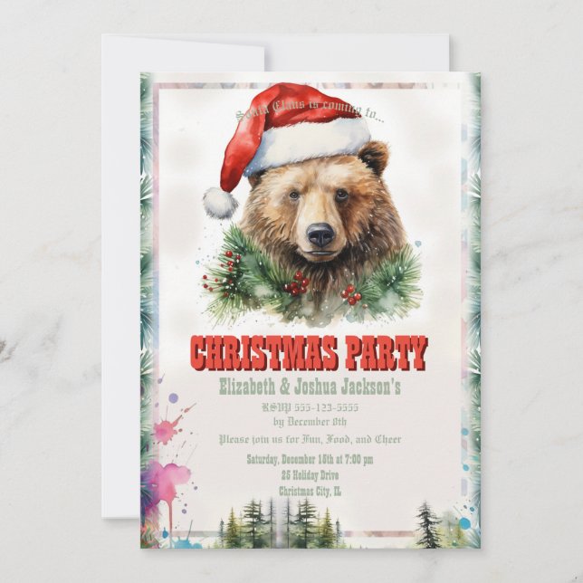 Invitation Aquarelle Ours de Noël (Devant)