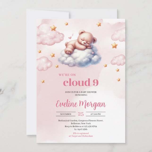 Invitation Aquarelle ourson nuage de neuf filles baby shower (Devant)