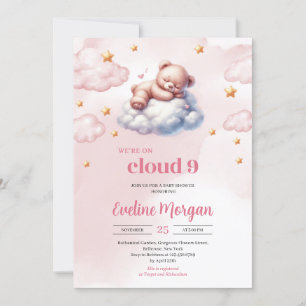 Invitation Aquarelle ourson nuage de neuf filles baby shower