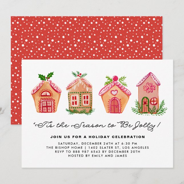 Invitation Aquarelle pain d'épices Maisons Fête (Devant / Derrière)