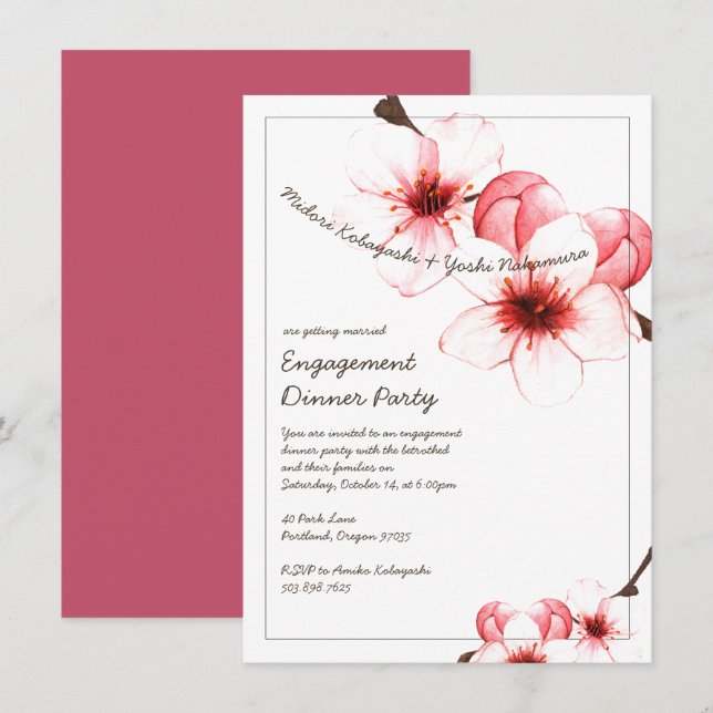 Invitation Aquarelle Painted Cherry Blossom Engagement (Devant / Derrière)