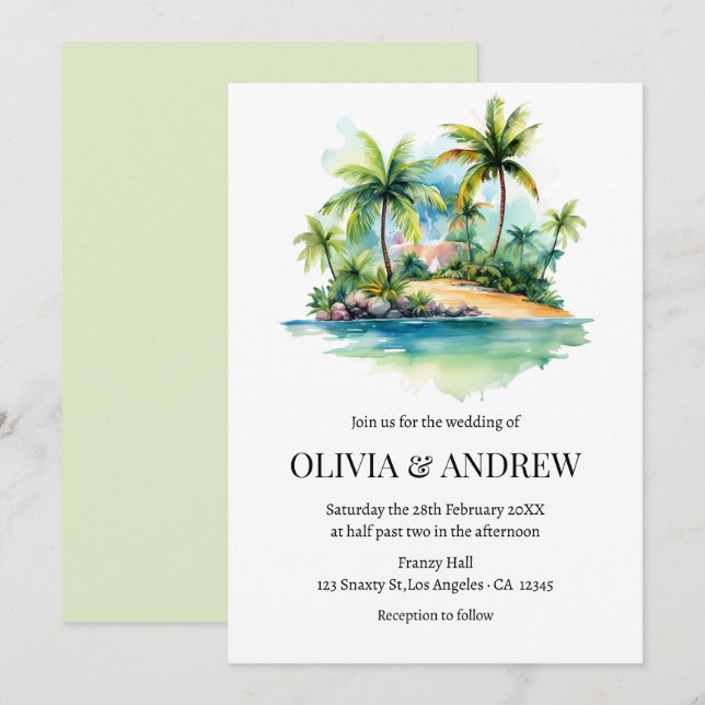 Invitation Aquarelle Palm Tree Beach Mariage de l'île tropica (Devant / Derrière)