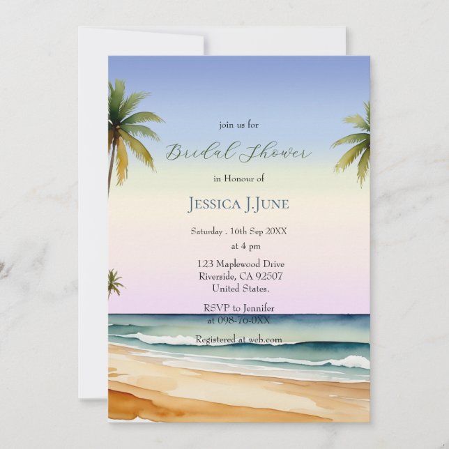 Invitation Aquarelle Palm Trees Beach Island Fête des mariées (Devant)