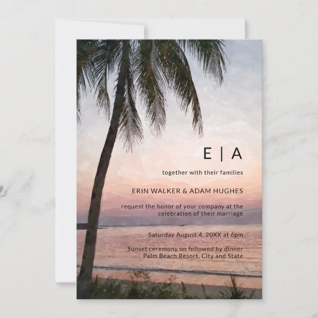 Invitation Aquarelle Palm Tropical Destination Plage Mariage (Devant)