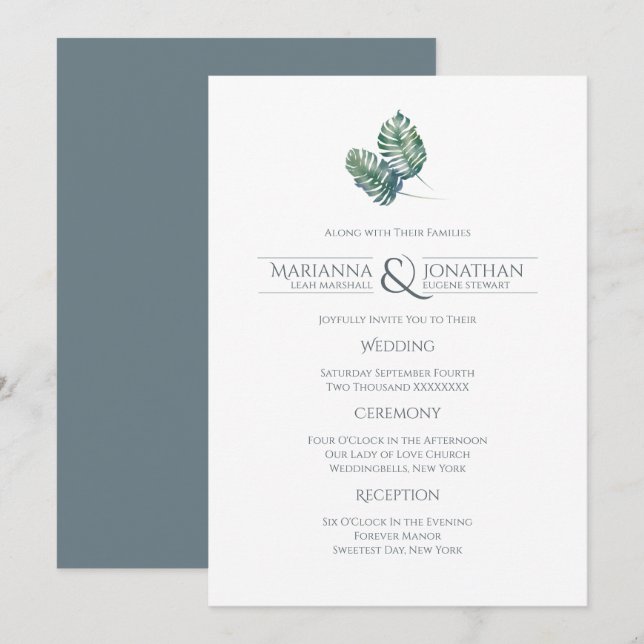 Invitation Aquarelle Palmes et Mariage d'ardoise (Devant / Derrière)