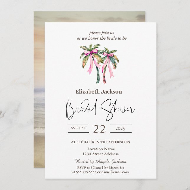 Invitation Aquarelle Palms Pink Bow Beach Fête des mariées (Devant / Derrière)