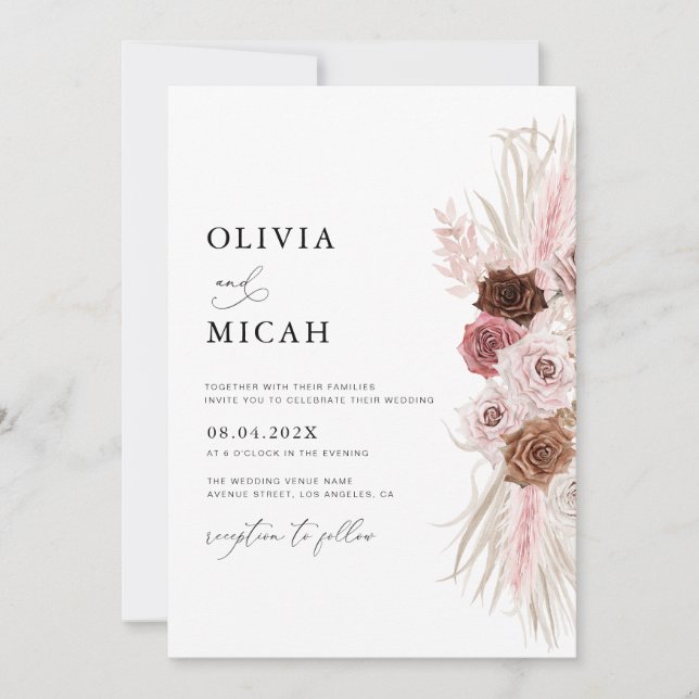 Invitation aquarelle pampas duvet rose mariage  (Devant)