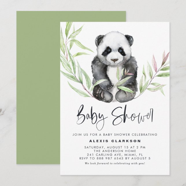 Invitation Aquarelle Panda bébé avec Baby shower verdoyant (Devant / Derrière)