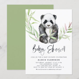 Invitation Aquarelle Panda bébé avec Baby shower verdoyant