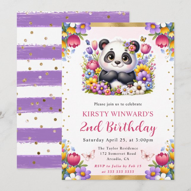 Invitation Aquarelle Panda de Pâques Fleurs de printemps Anni (Devant / Derrière)