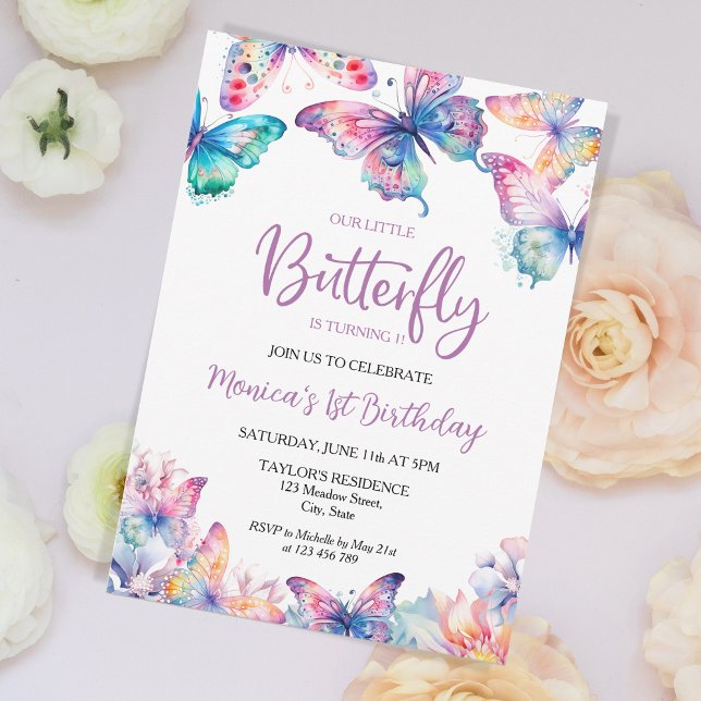 Invitation Aquarelle Papillon Bébé fille 1er anniversaire (Créateur téléchargé)