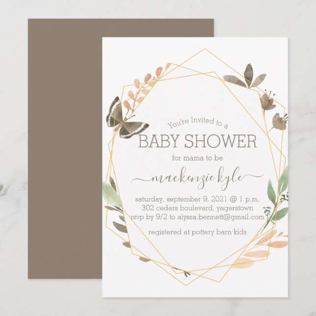 Invitation Aquarelle Papillon Boho Baby shower Floral (Devant / Derrière)