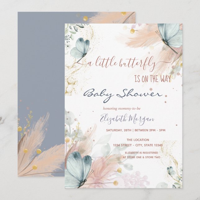 Invitation Aquarelle Papillons Bleus Pampas Grass (Devant / Derrière)
