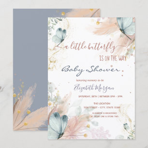 Invitation Aquarelle Papillons Bleus Pampas Grass
