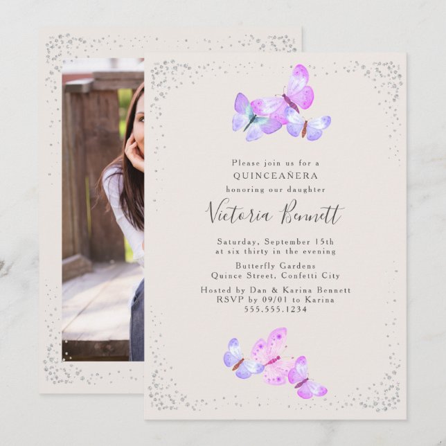 Invitation Aquarelle Papillons Portrait Photo Quinceanera (Devant / Derrière)