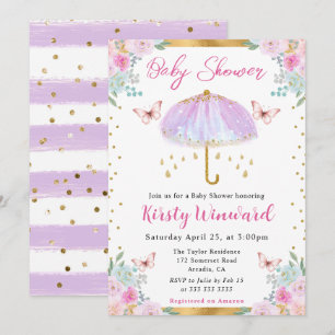 Invitation Aquarelle Parapluie Printemps Or Violet Baby Showe