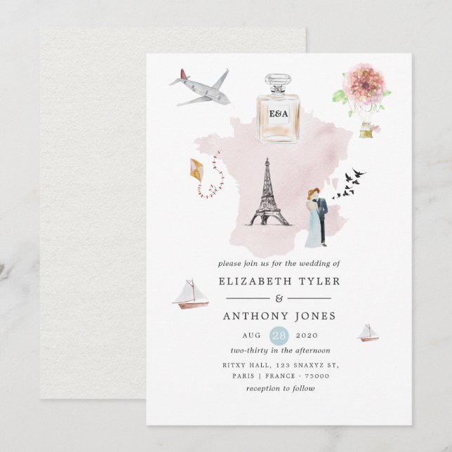 Invitation Aquarelle Paris Destination Mariage Monogramme (Devant / Derrière)