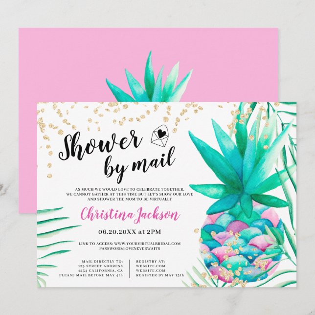 Invitation Aquarelle parties scintillant d'ananas or douche p (Devant / Derrière)
