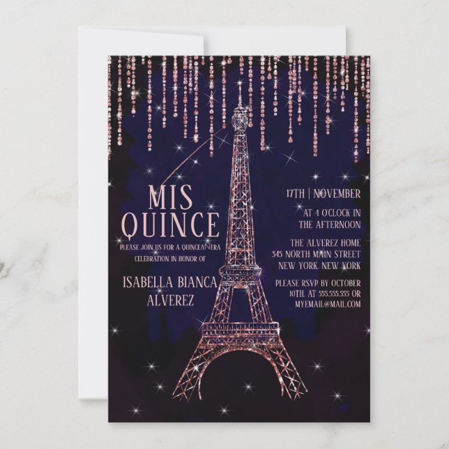Invitation Aquarelle Parties scintillant Paris Tour Eiffel Qu (Devant)