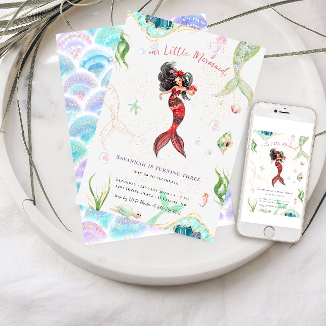 Invitation Aquarelle Parties scintillant Sirène Anniversaire (Créateur téléchargé)