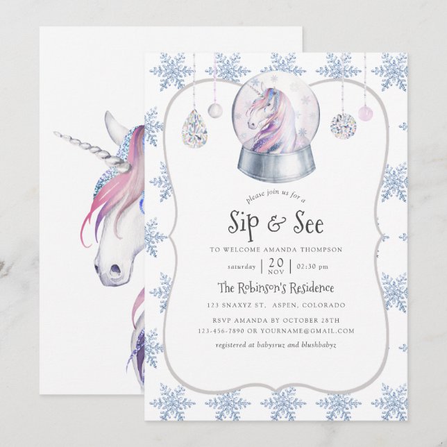 Invitation Aquarelle Parties scintillant Unicorn Noël Sip et  (Devant / Derrière)