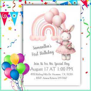 Invitation Aquarelle Pastel Arc-En-Ciel Et Fille Lapin Annive