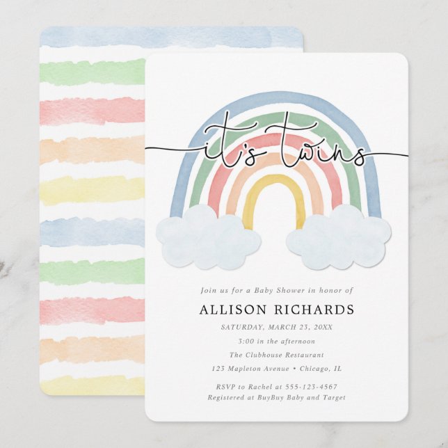 Invitation Aquarelle pastel baby shower de jumeaux arc-en-cie (Devant / Derrière)