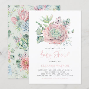 Invitation Aquarelle Pastel Baby shower Succulents