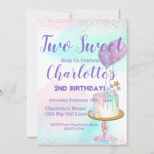Invitation Aquarelle Pastel Deux Douce Fille 2e Anniversaire (Devant)