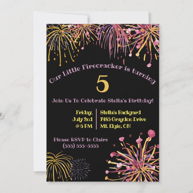 Invitation Aquarelle Pastel Firecracker, Fireworks Anniversai (Devant)