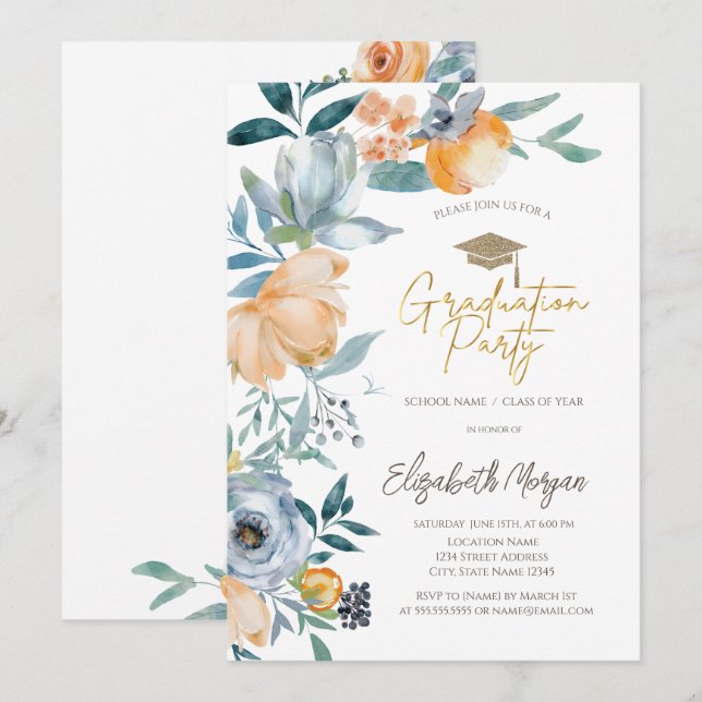 Invitation Aquarelle Pastel Flowers Graduation Party (Devant / Derrière)