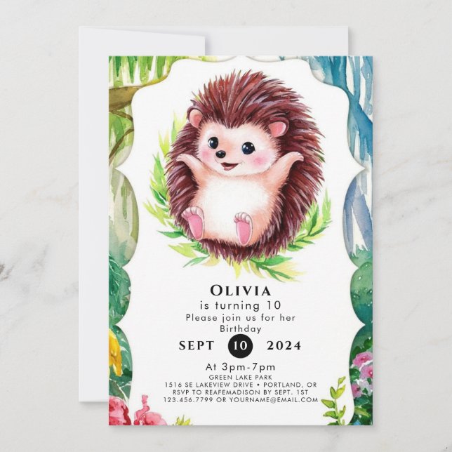 Invitation Aquarelle Pastel Hedgehog Anniversaire (Devant)