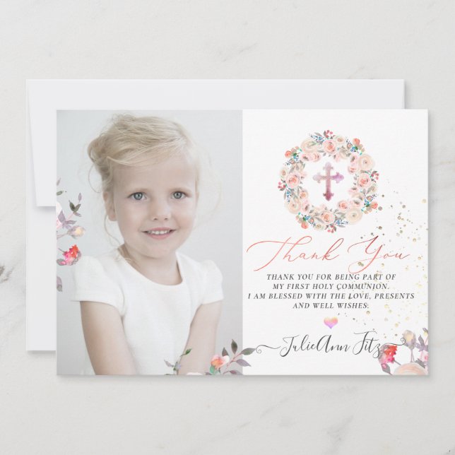 Invitation Aquarelle Pastel Merci de communion Rose (Devant)