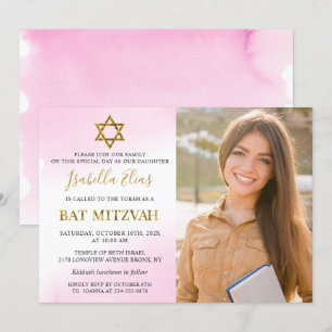 Invitation Aquarelle Pastel Pink Gold Photo Bat mitzvah