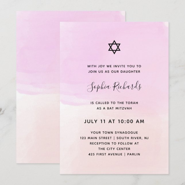 Invitation Aquarelle Pastel rose et violet | Bat mitzvah (Devant / Derrière)