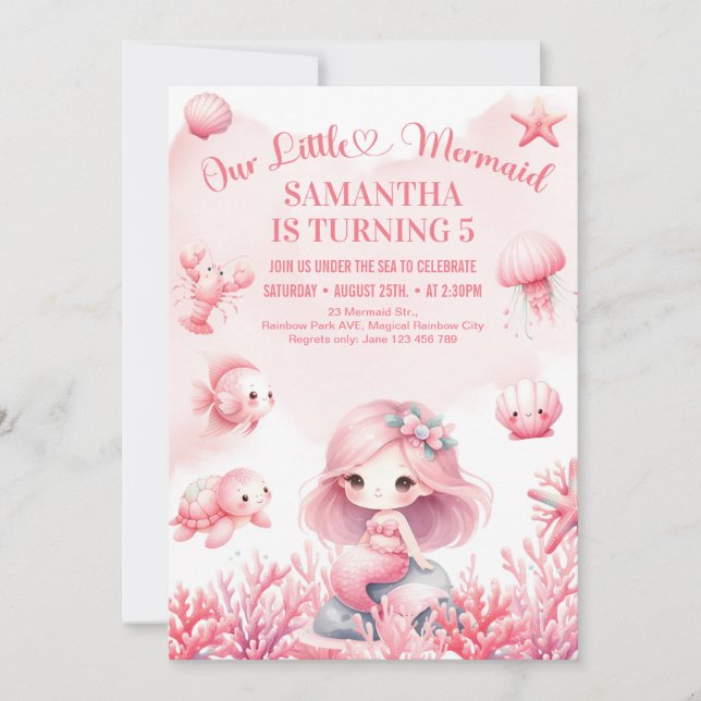 Invitation Aquarelle pastel rose petit sirène anniversaire (Devant)